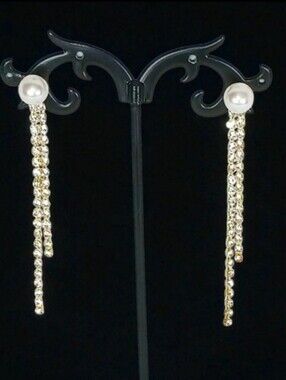 Pearl Stud Earrings Gold Linear Drop Rhinestone Tassel Earrings Evening Dressy